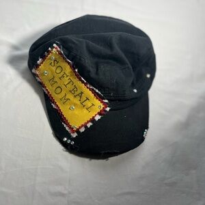 Softball Mom Black Hat with Gems Adjustable Strap Red and Yellow Accent